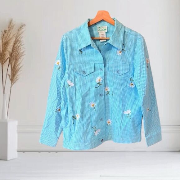 Quacker Factory Jacket Womens Small S Gingham Vintage Embroidered Floral Cotton - Picture 2 of 6